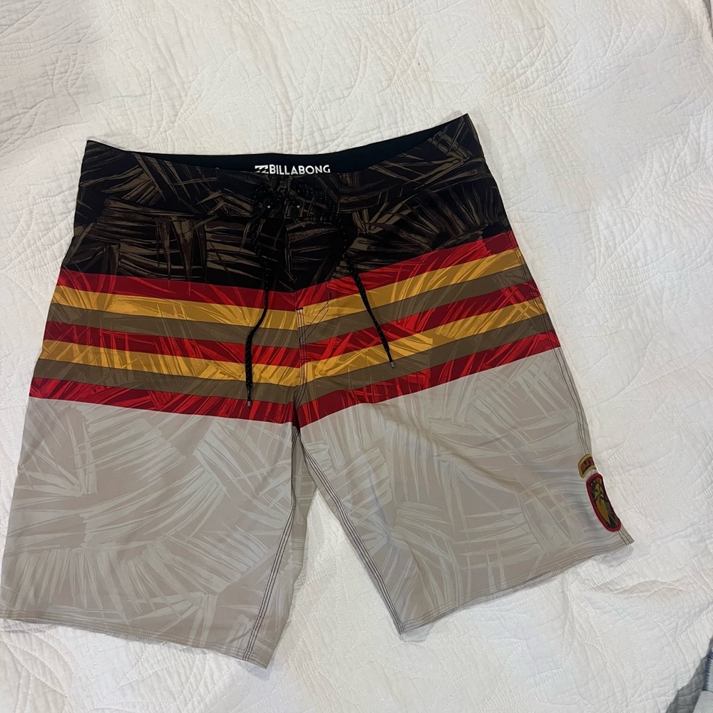 Billabong Men's Red and Yellow Striped Board Shorts